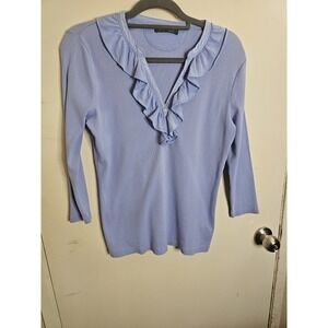 Ralph Lauren Shirt Womens Blue 3/4 Sleeve Preppy‎ Ruffle Ruched V Neck Casual